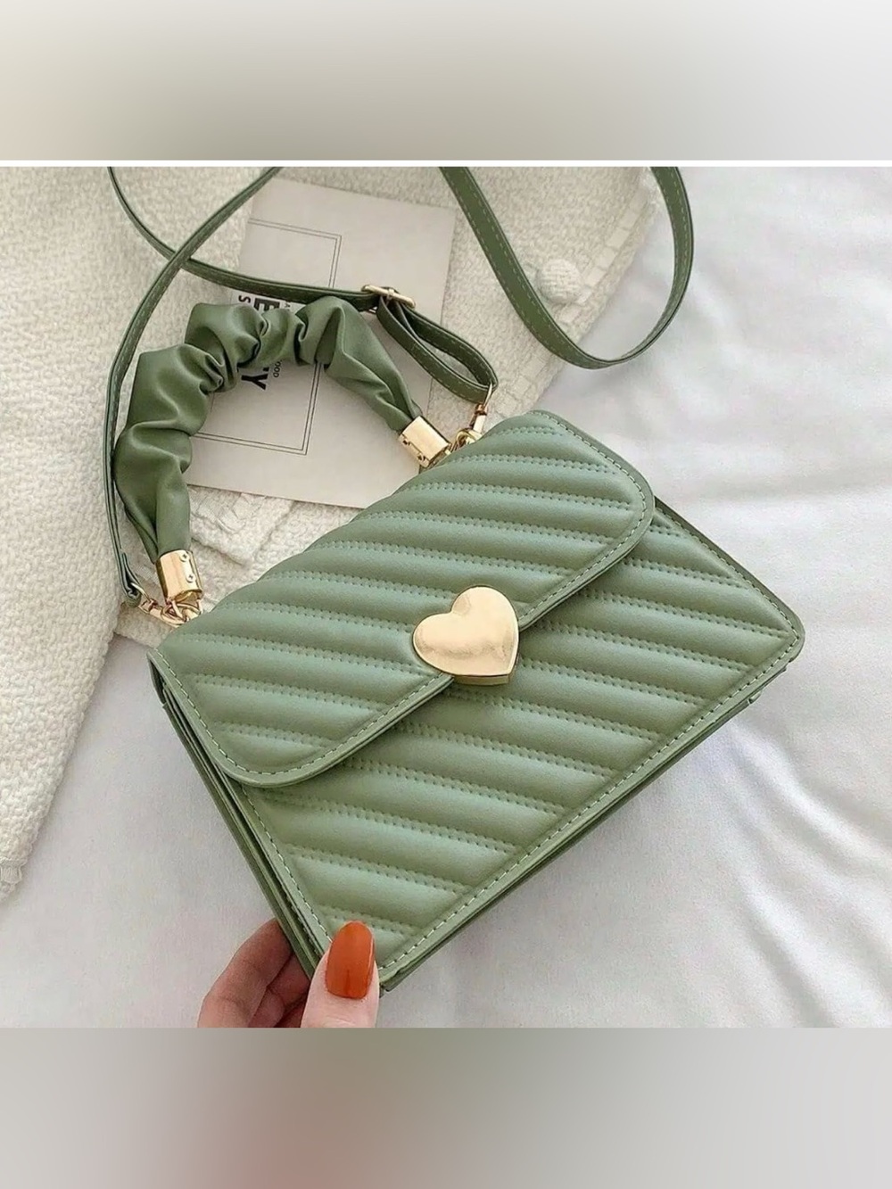 Quilted Sage Green Top-Handle Crossbody Bag